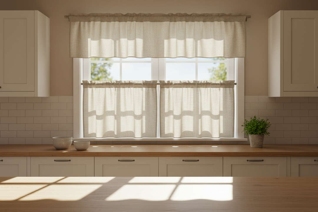 Custom made cream linen kitchen curtains with pleats, featuring a matching valance and tier set in a bright modern kitchen.