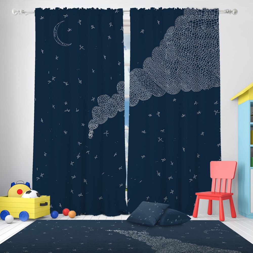 Navy blue curtains with white cloud and star designs in a room with toys and a red chair.