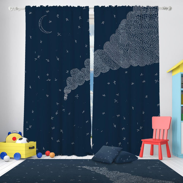 Navy blue curtains with white cloud and star designs in a room with toys and a red chair.
