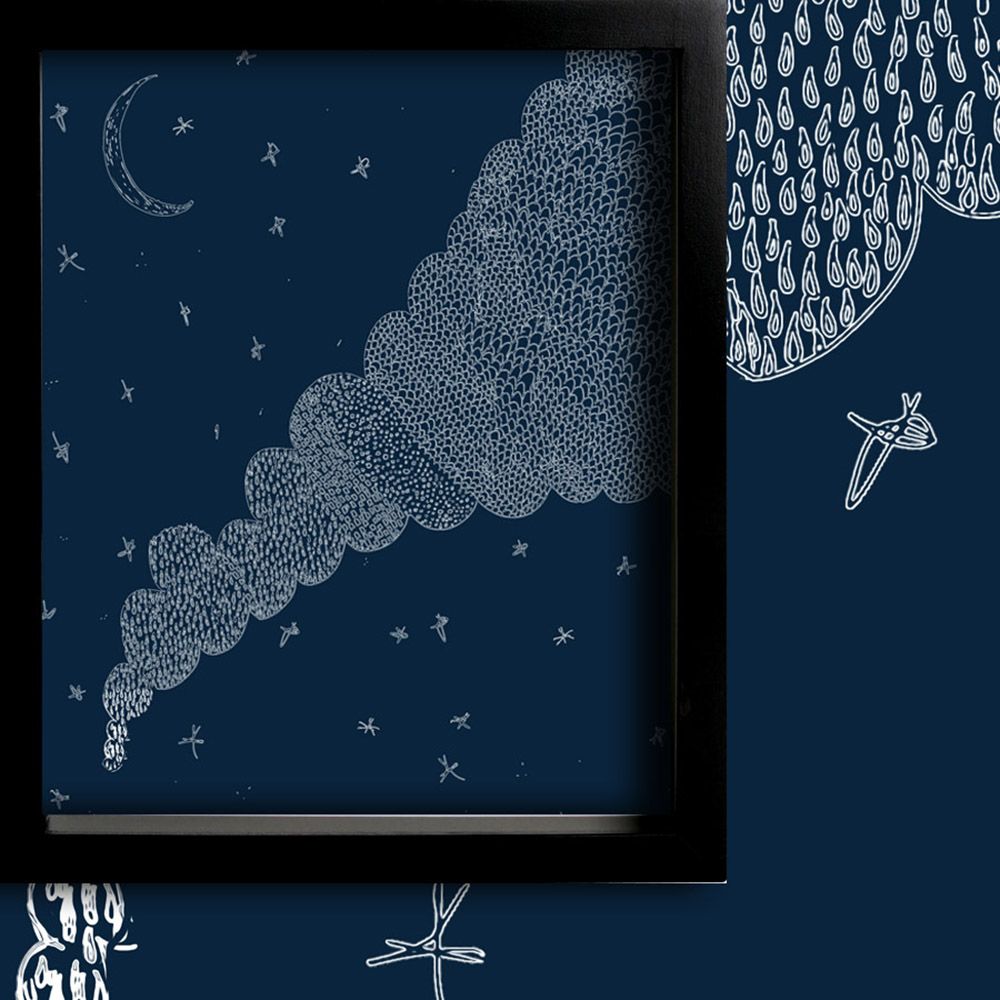 Decorative design of a cloud and moon on a dark blue background with white patterns.