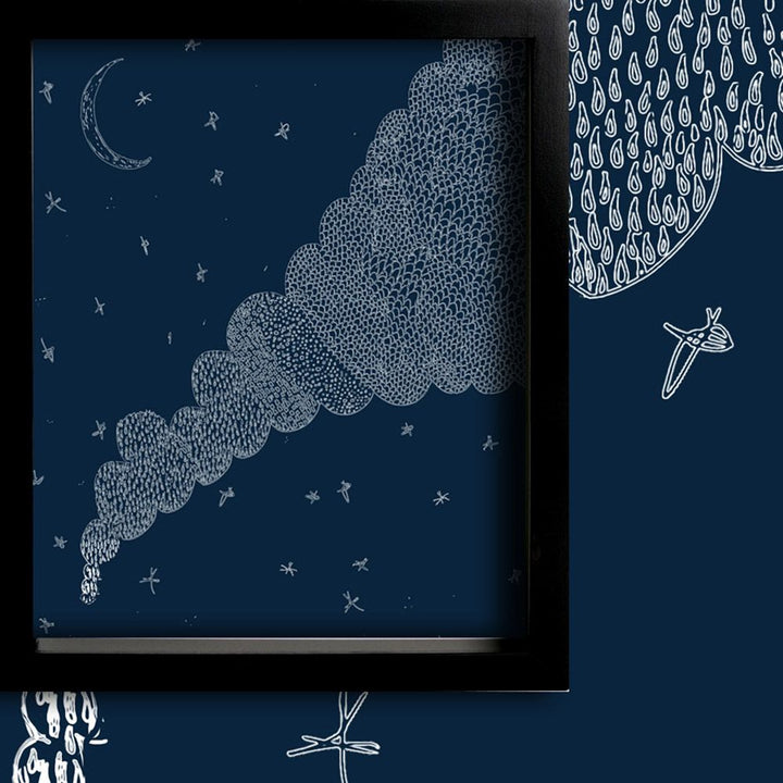 Decorative design of a cloud and moon on a dark blue background with white patterns.
