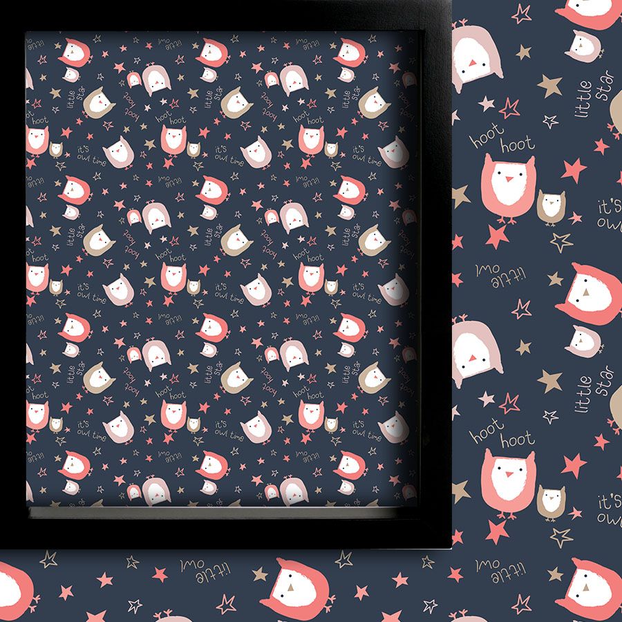 Framed children’s illustration featuring colourful cartoon owls, stars and playful text elements on a dark blue background, ideal for nursery or kids’ room wall décor.