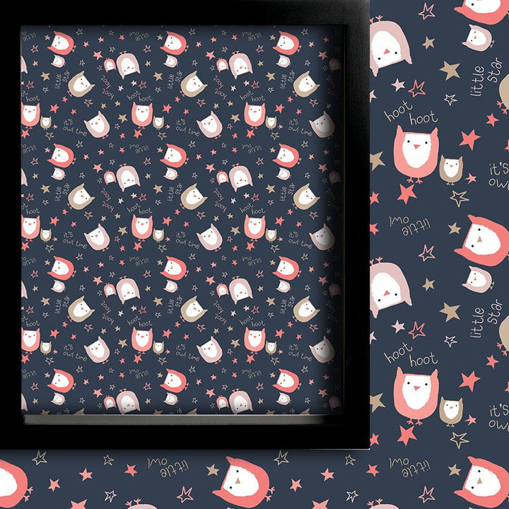 Framed children’s illustration featuring colourful cartoon owls, stars and playful text elements on a dark blue background, ideal for nursery or kids’ room wall décor.