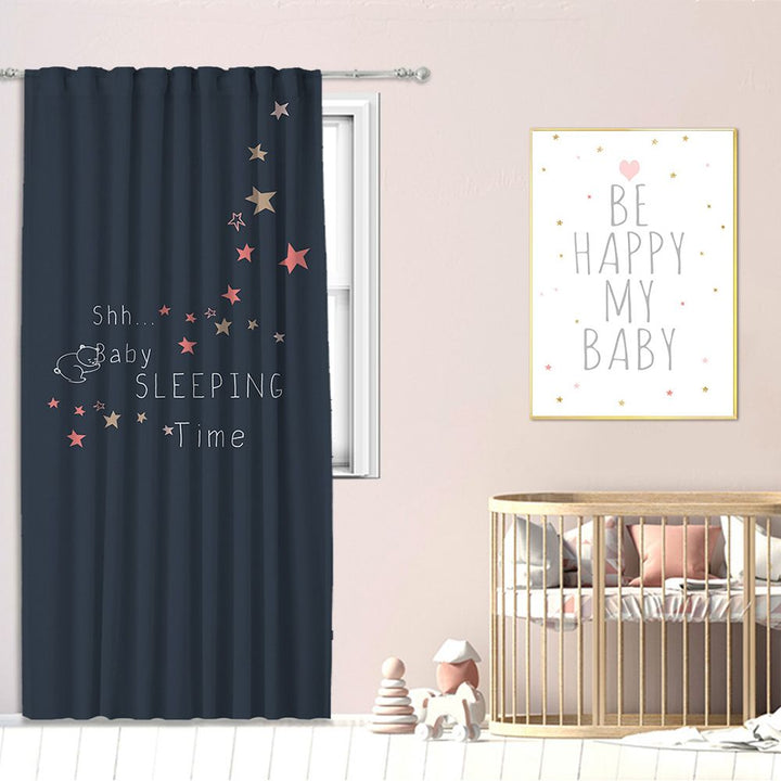 Nursery wall art featuring a cute sleeping bear illustration with stars and the phrase ‘Baby Sleeping Time’ on a dark blue background, designed to create a calm and soothing atmosphere.