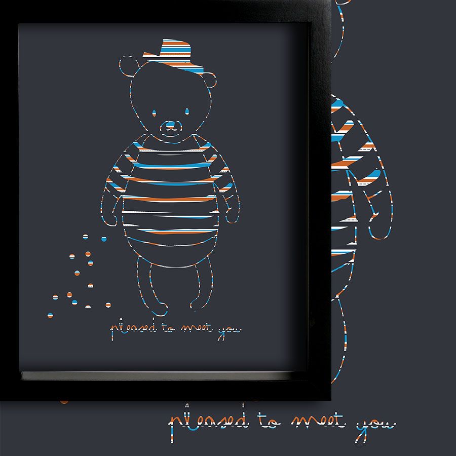 Framed children’s illustration of a bear wearing a striped hat and shirt with playful dotted accents and the phrase ‘pleased to meet you,’ ideal for nursery or kids’ wall décor