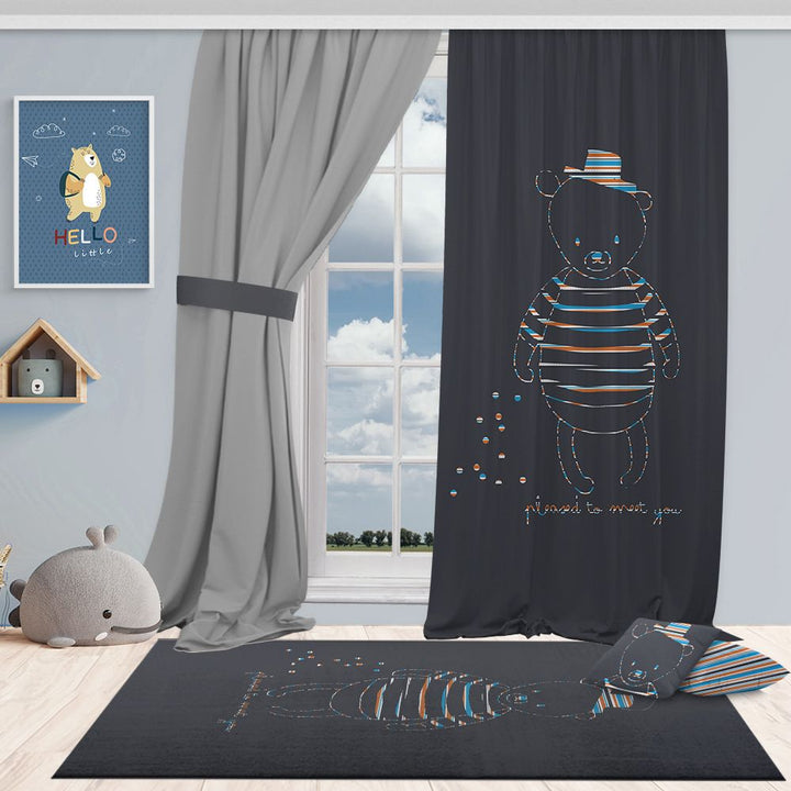 Kids’ bedroom with dark grey curtains featuring a colourful striped bear illustration and matching rug and cushion, creating a coordinated and playful bear‑themed room design.