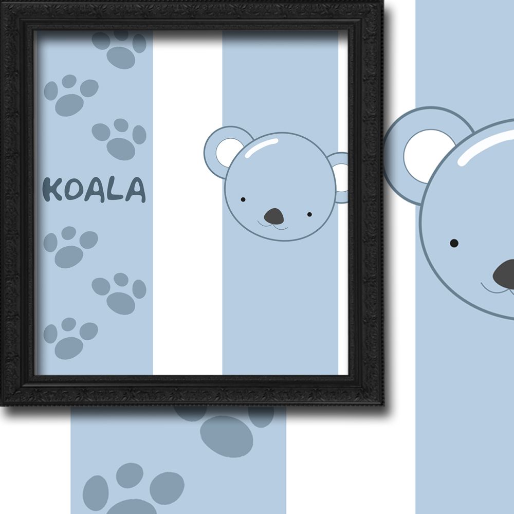 Framed artwork of a koala with paw prints and stripes on a blue background