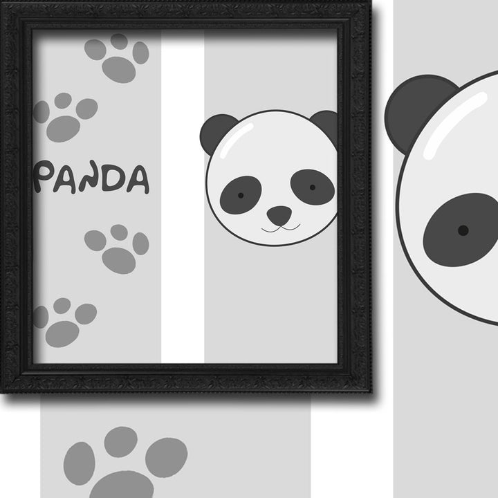 Framed artwork of a panda with paw prints and the word 'Panda' on a white background.