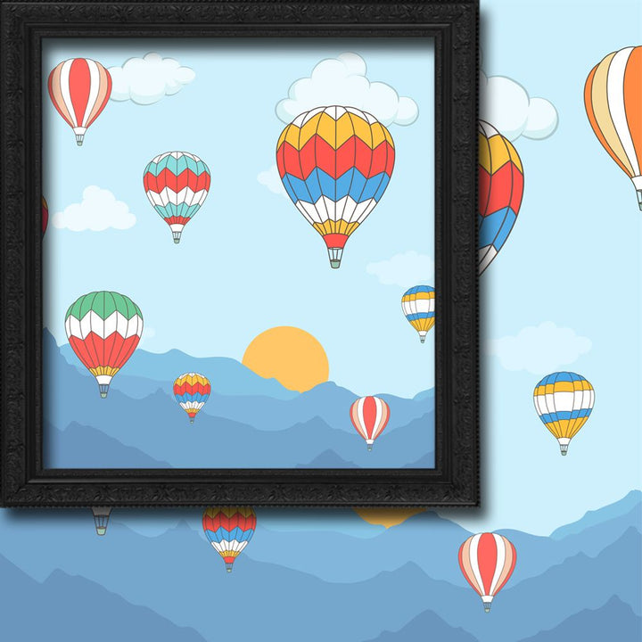 Framed artwork of colorful hot air balloons against a blue sky with mountains and sun.