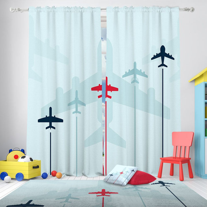 Curtains with airplane designs in a child's room with toys and furniture.