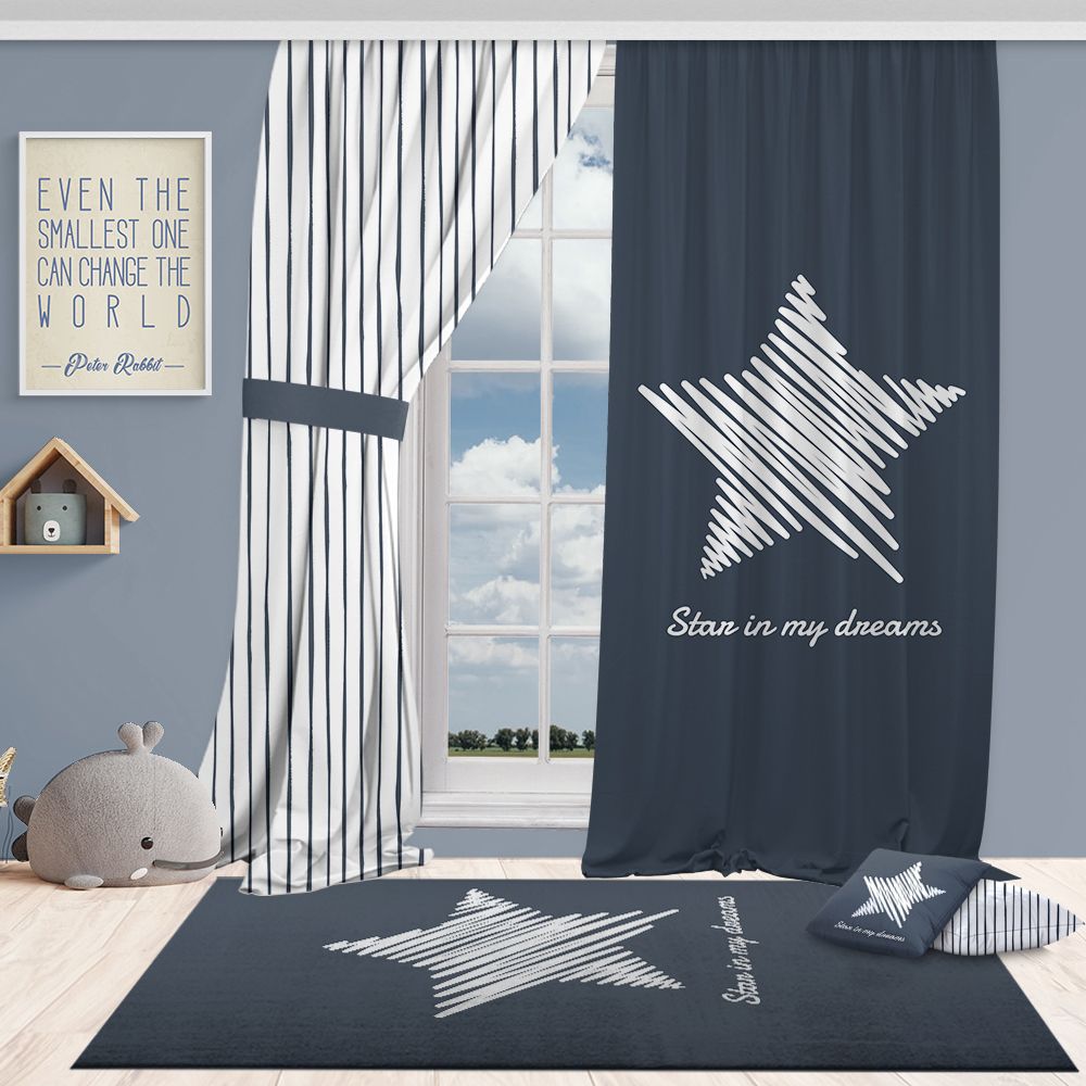 Nursery room with star-themed decor, including curtains, rug, and pillows.