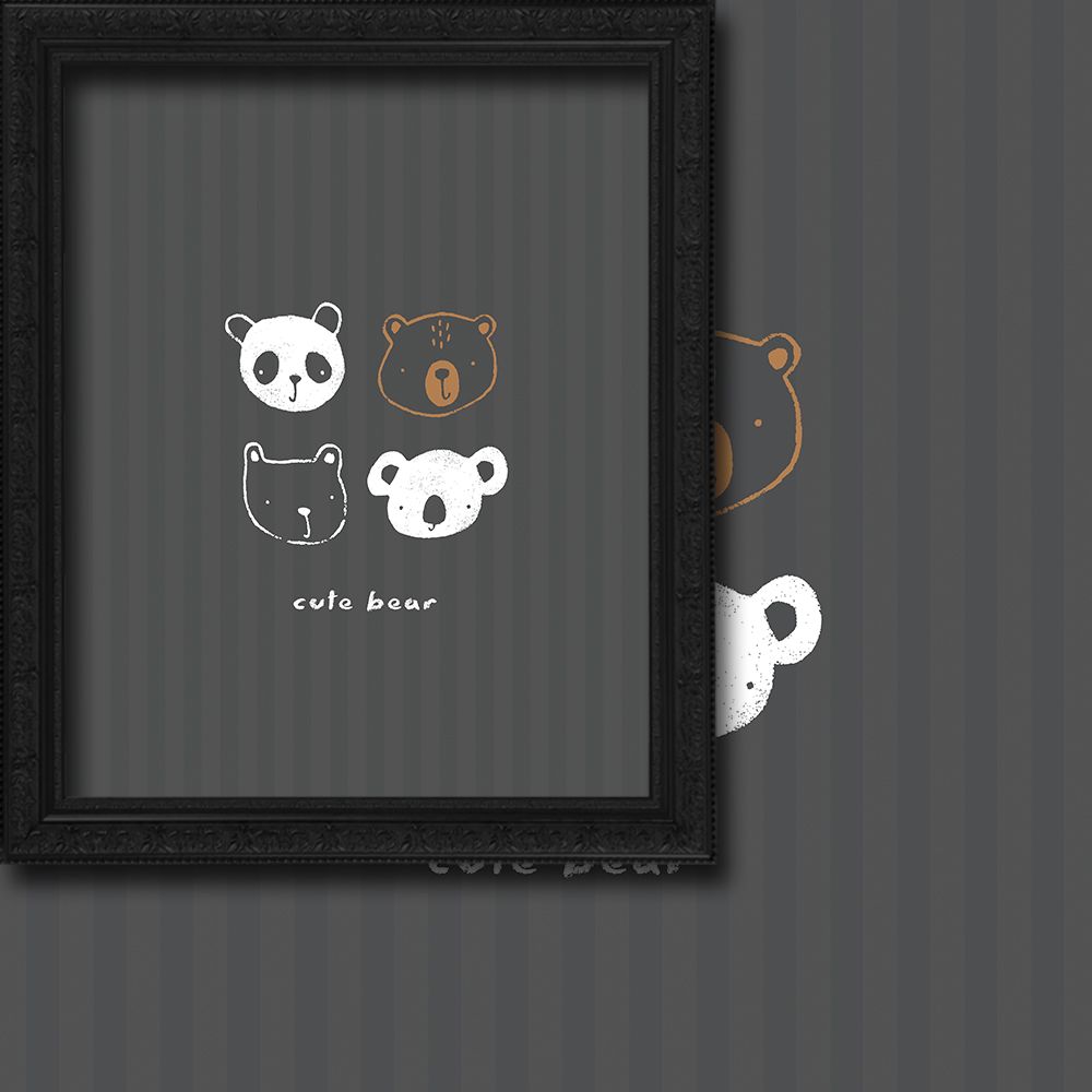 Framed artwork with cartoon bear illustrations on a gray background