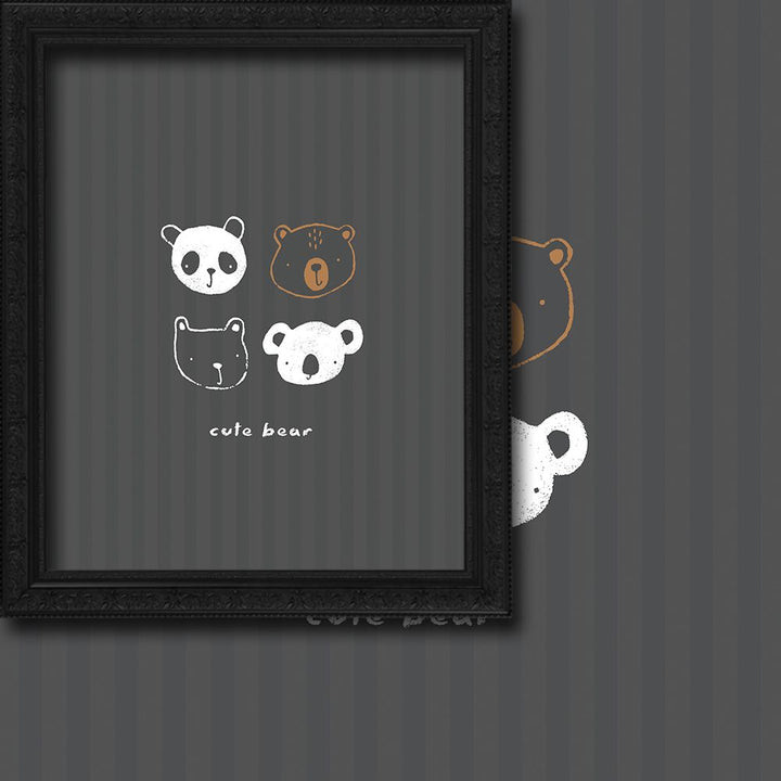 Framed artwork with cartoon bear illustrations on a gray background