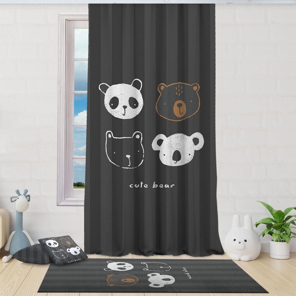 Dark grey curtain with four  bears designs in a room with decor elements.