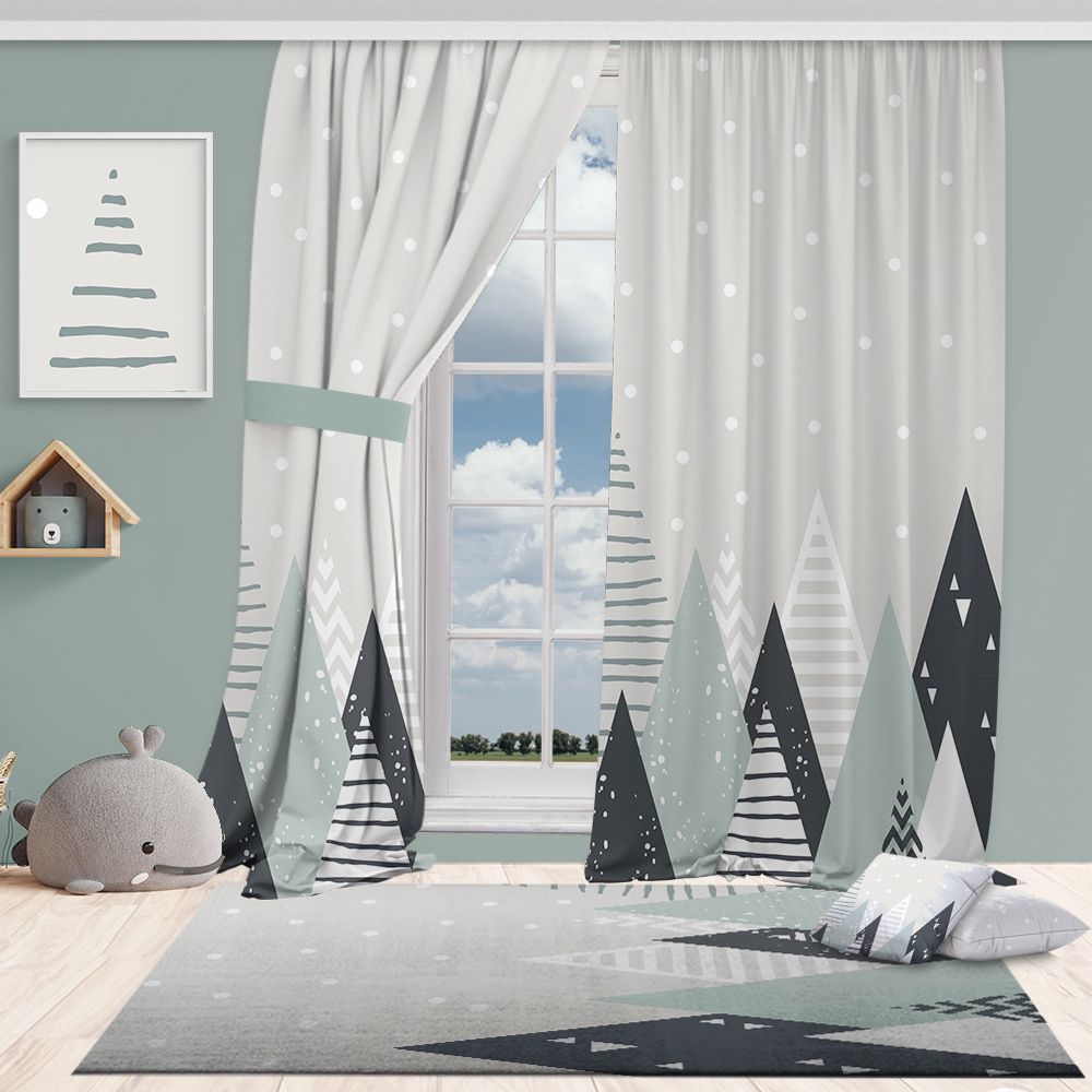 Children's room with geometrically patterned curtains and rug, featuring a plush toy and wall art.