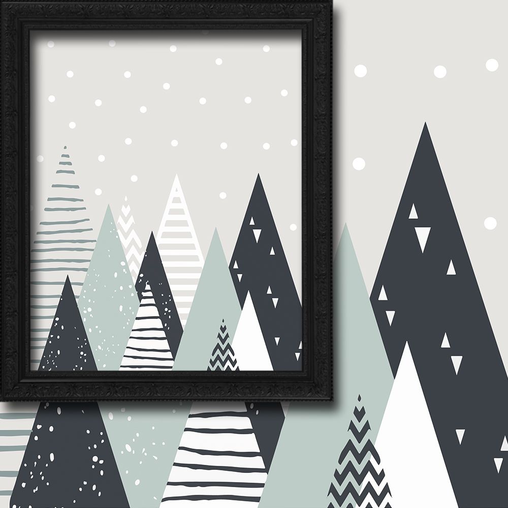 Framed artwork with stylized trees on a light gray background