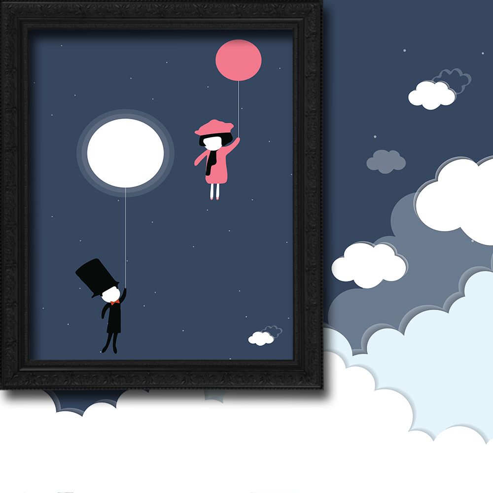 Framed artwork of a girl in a pink dress holding a red balloon, with a man in a top hat hanging from it, against a night sky with moon and clouds.