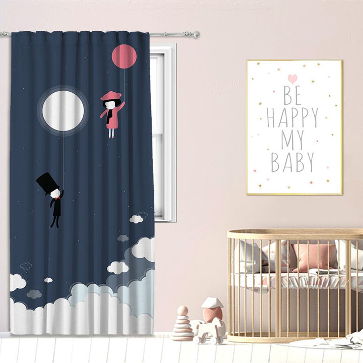 Navy curtain with cartoon characters and a framed quote in a nursery setting
