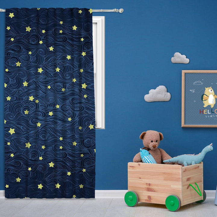 Kids Room Navy curtain with star pattern in a room with toys and decor