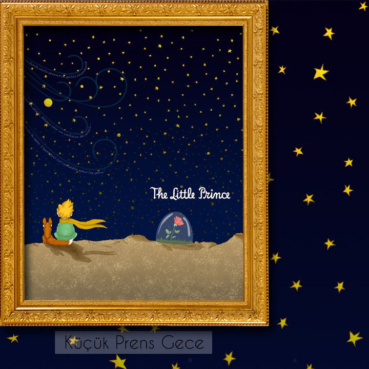 Illustration of 'The Little Prince' with a gold frame against a starry night sky.