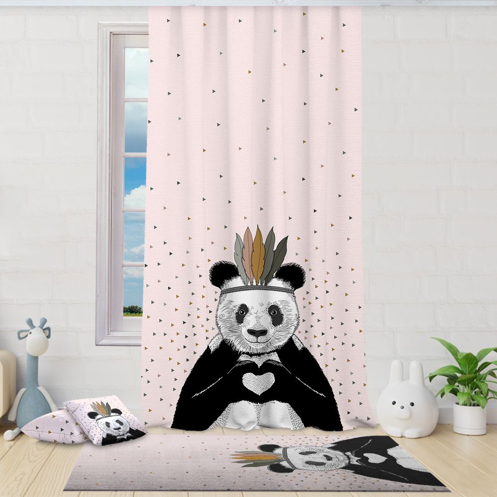 Children’s room with white panda‑themed curtains featuring paw prints and bold lettering, styled with matching rug and playful décor for a fun panda‑inspired bedroom pink curtains