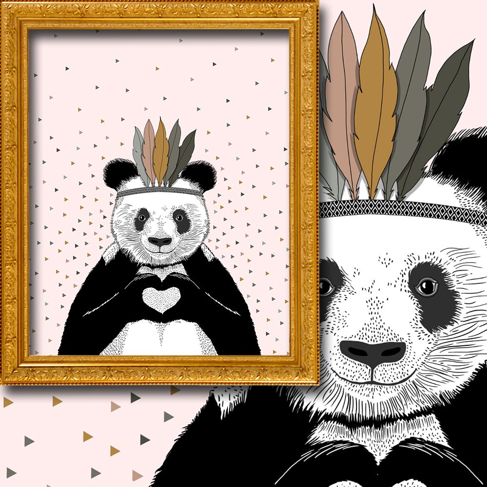Framed children’s illustration of a cartoon panda face with paw prints and playful typography on a grey striped background, ideal for nursery or kids’ wall décor.