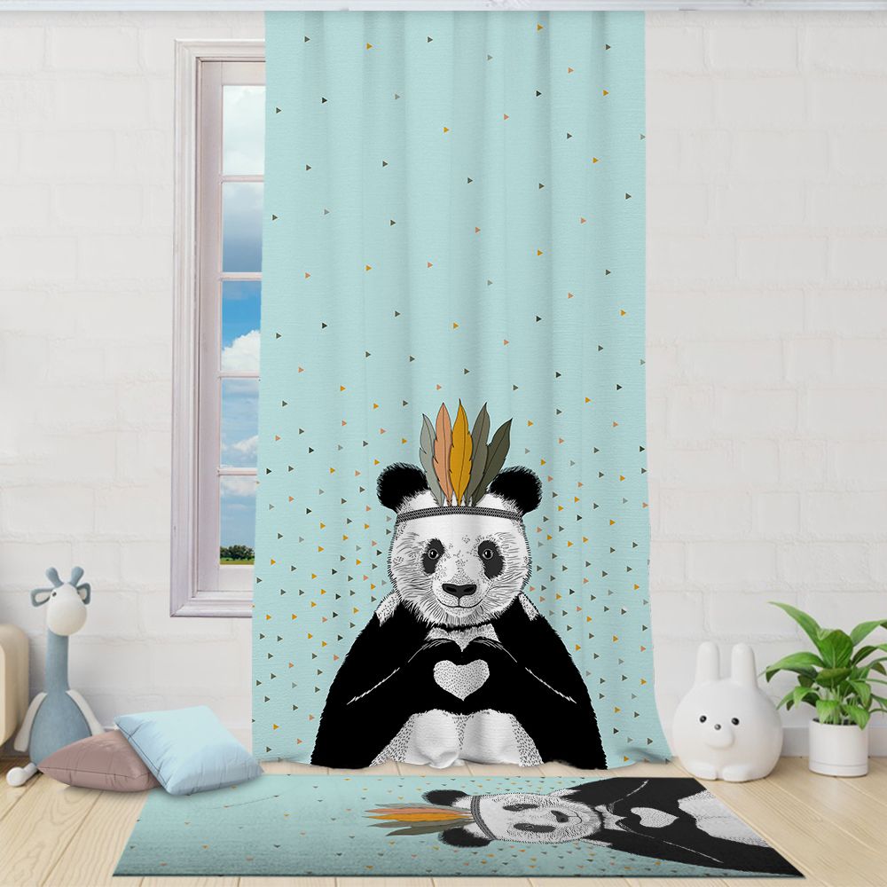 Curtain with a panda design holding a heart, placed in a room with toys and a plant.