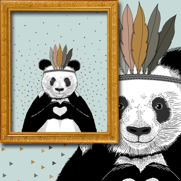 Illustration of a panda holding a heart with feather headbands, framed in gold against a light blue background.