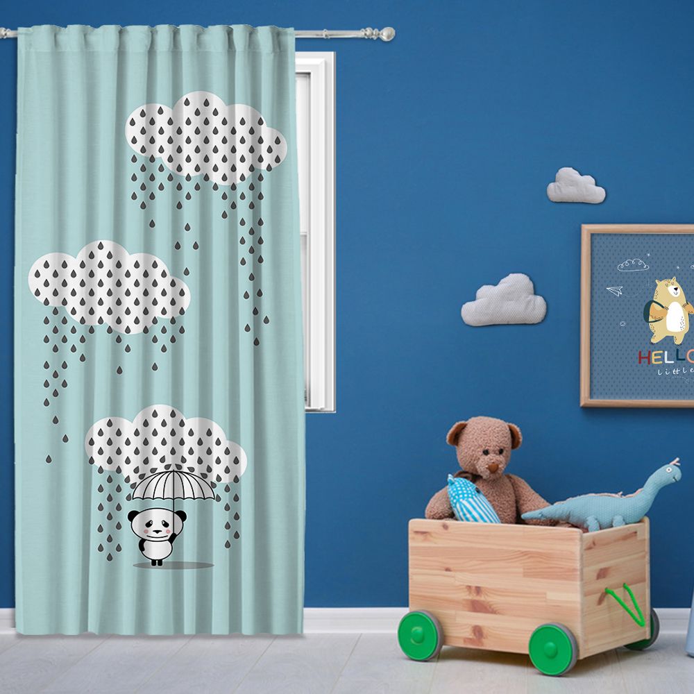 Children's room with a curtain featuring cloud and raindrop patterns, a teddy bear, and dinosaur in a wooden cart.