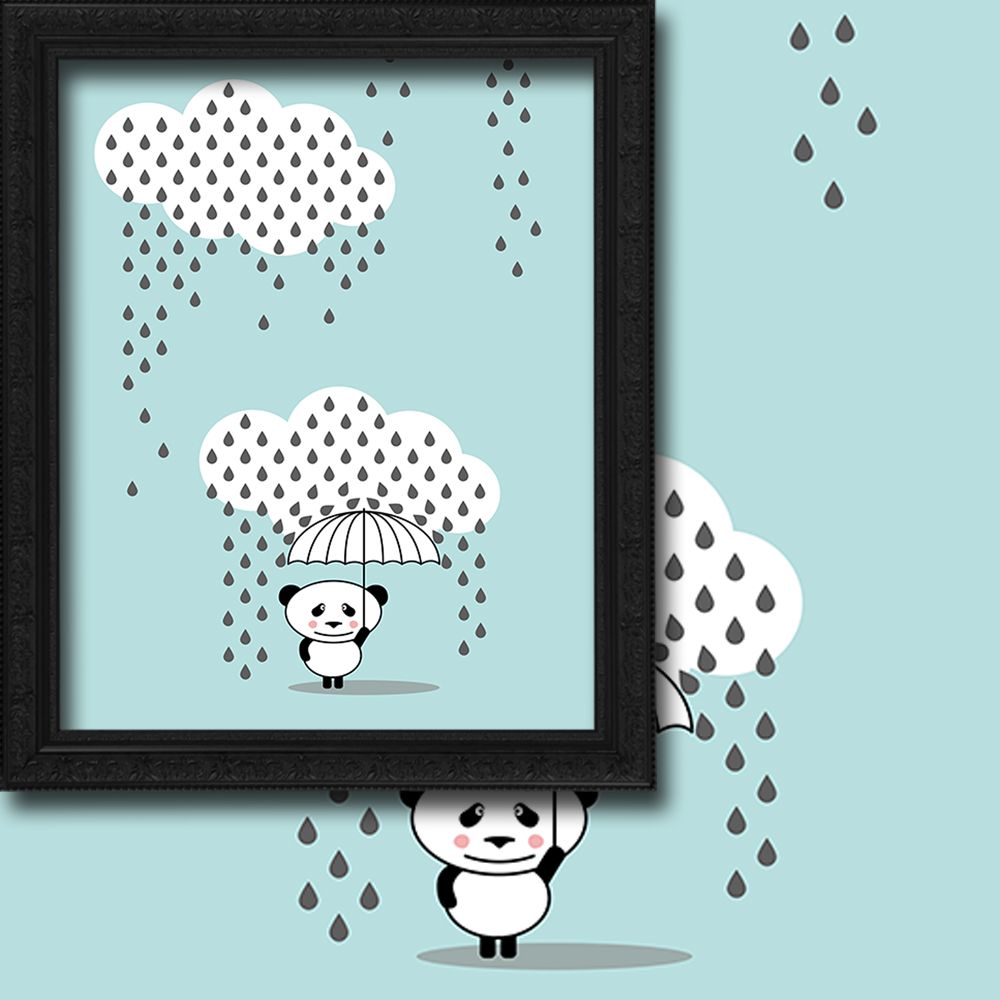 Framed illustration of a panda holding an umbrella under rain clouds on a light blue background.