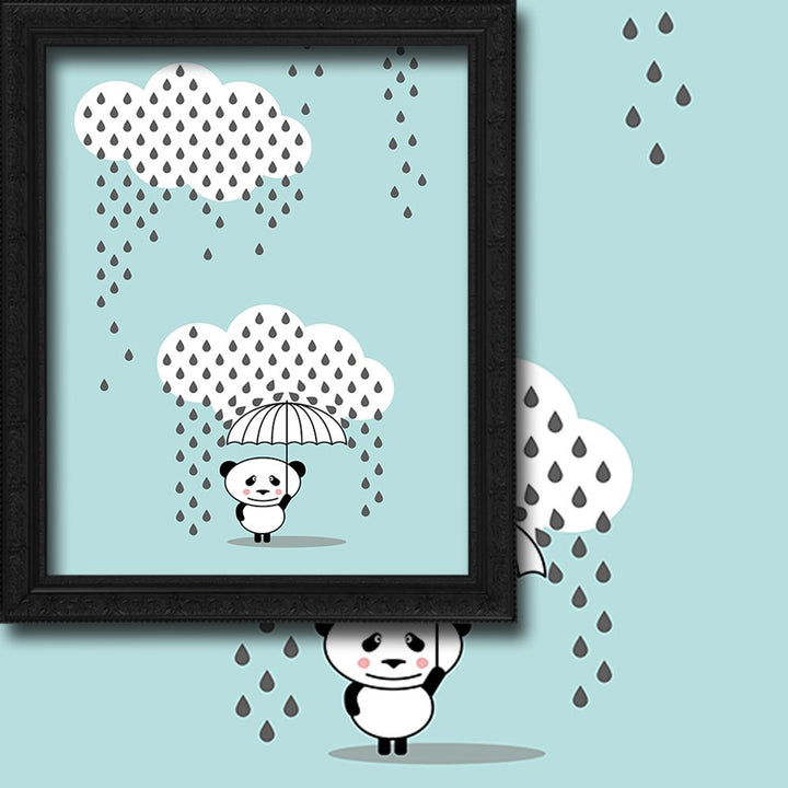 Framed illustration of a panda holding an umbrella under rain clouds on a light blue background.