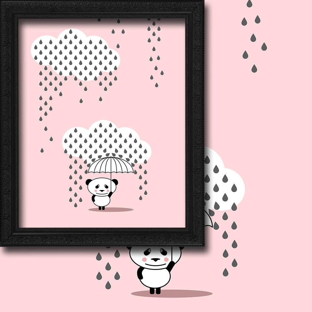 Framed artwork with a panda holding an umbrella under rain on a pink background