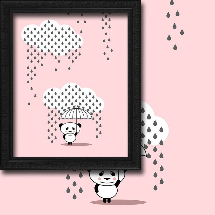 Framed artwork with a panda holding an umbrella under rain on a pink background