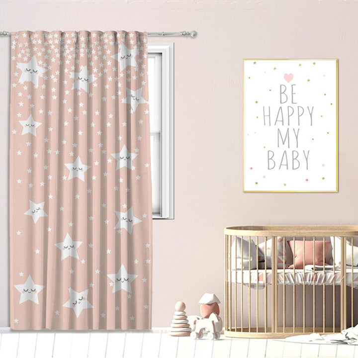 Nursery room with pink curtains featuring star designs, a crib, and a motivational poster.