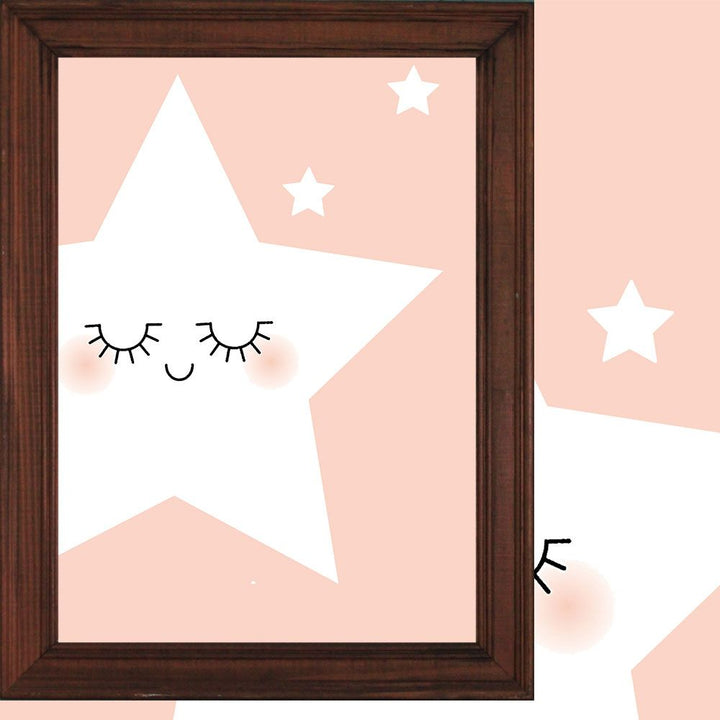 Framed artwork of a star with facial features on a pink background