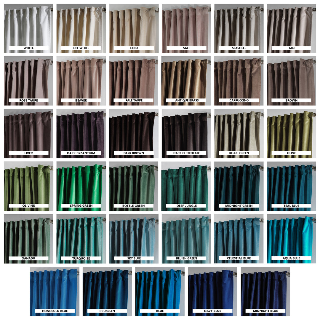 Velvet curtain fabric swatch card showcasing a range of matte and soft‑touch velvet textures in multiple colours, highlighting the rich fabric depth, smooth drape and premium modern velvet finish used for made‑to‑measure curtains and home décor projects.