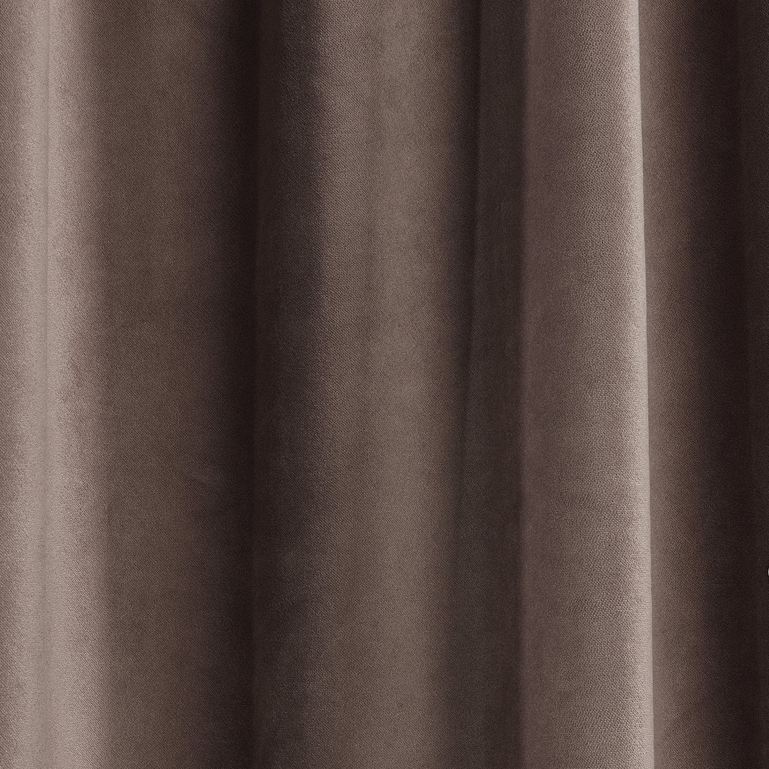 A soft matte velvet swatch in warm brown, featuring rich neutral tone, smooth pile and matte finish, made to measure and available by the metre.