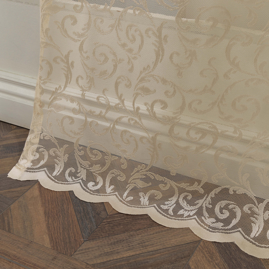  Beige sheer voile curtain with scalloped embroidered edging, made to measure with delicate detailing and premium light‑filtering softness