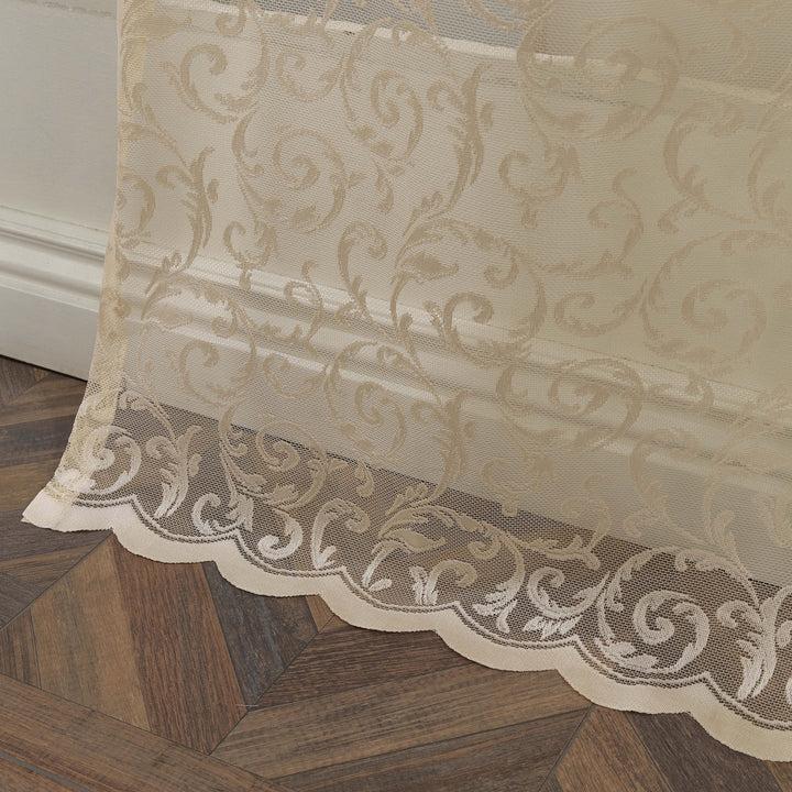  Beige sheer voile curtain with scalloped embroidered edging, made to measure with delicate detailing and premium light‑filtering softness