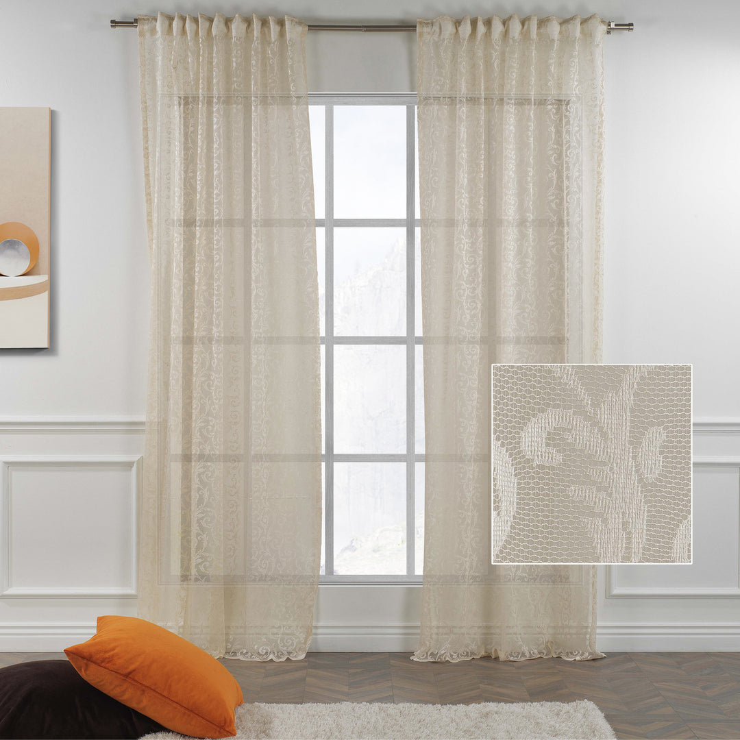A beige sheer voile curtain made to measure, shown in an extra‑wide panel with a smooth airy drape and premium natural light diffusion