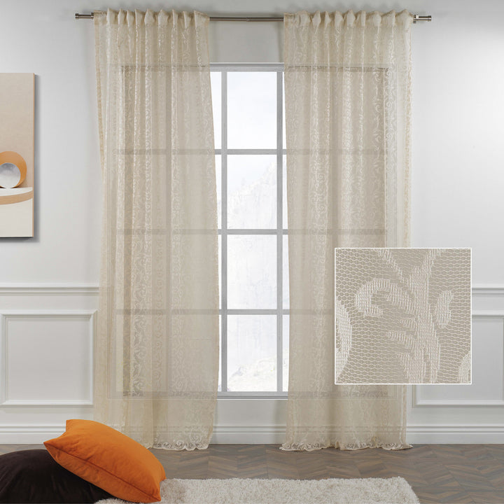A beige sheer voile curtain made to measure, shown in an extra‑wide panel with a smooth airy drape and premium natural light diffusion