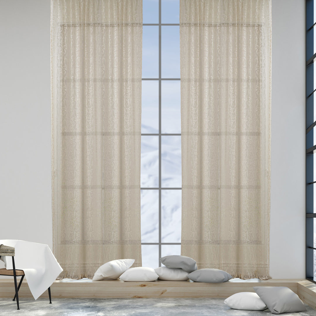 Beige sheer voile curtain in extra‑wide width, made to measure with a lightweight flowing drape and premium soft‑light filtering effect
