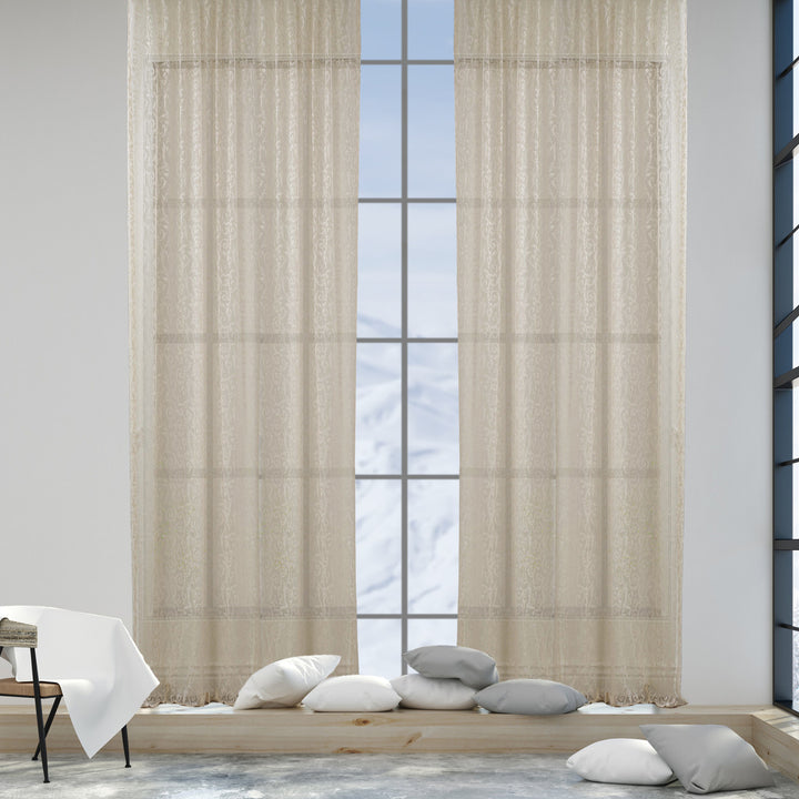 Beige sheer voile curtain in extra‑wide width, made to measure with a lightweight flowing drape and premium soft‑light filtering effect