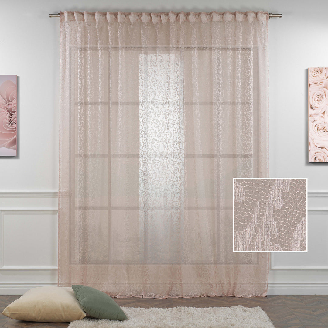 A close‑up of pink sheer voile fabric showing its lightweight woven texture, premium translucency and soft natural light diffusion