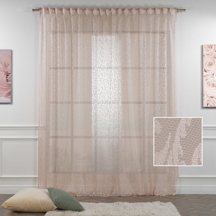 A close‑up of pink sheer voile fabric showing its lightweight woven texture, premium translucency and soft natural light diffusion