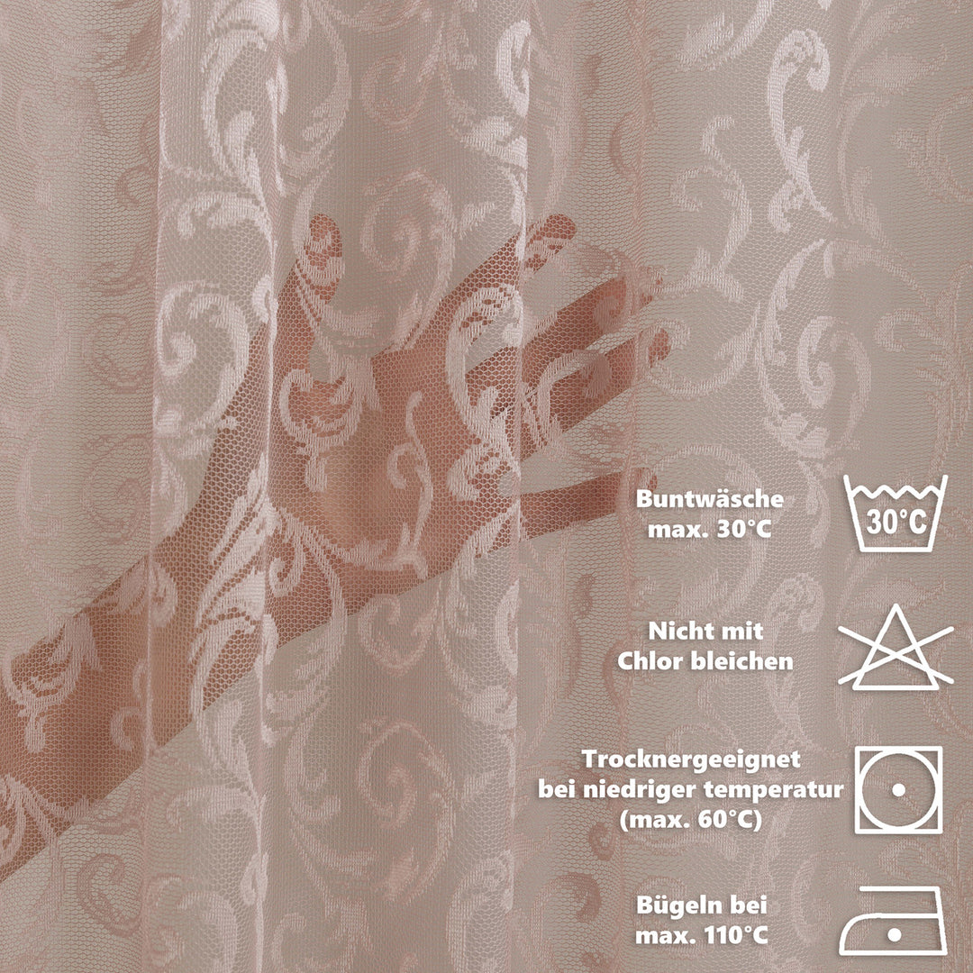  Pink sheer voile curtain care instructions displayed clearly, showing premium fabric handling guidance for long‑lasting softness and light‑filtering quality