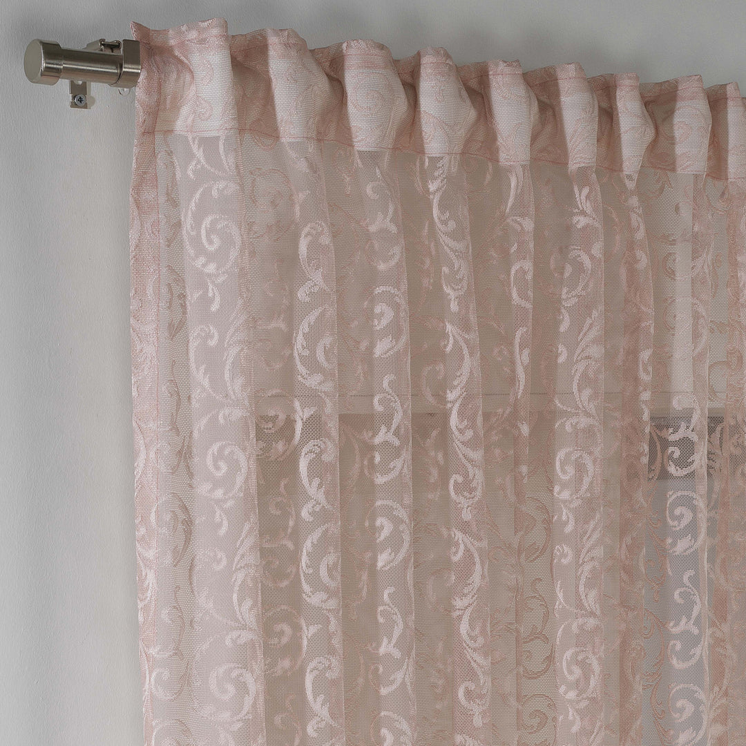 A close‑up of the pink sheer voile rod‑pocket header, made to measure with a soft airy drape and premium lightweight finish