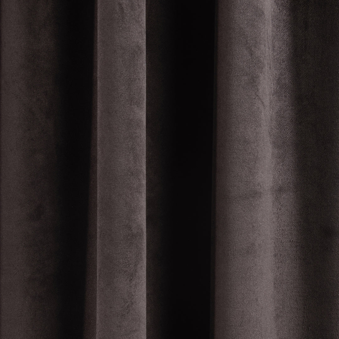 A soft matte velvet swatch in dark chocolate, featuring deep brown tone, dense pile and matte finish, made to measure and available by the metre.