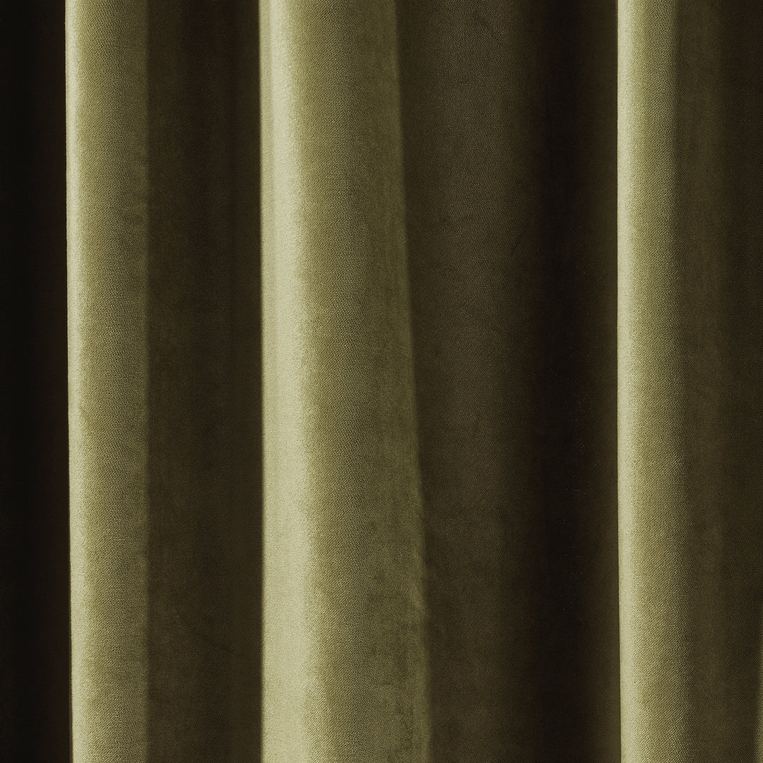 A soft matte velvet swatch in olive, highlighting natural green‑brown tone, fine pile and matte finish, made to measure and available by the metre.