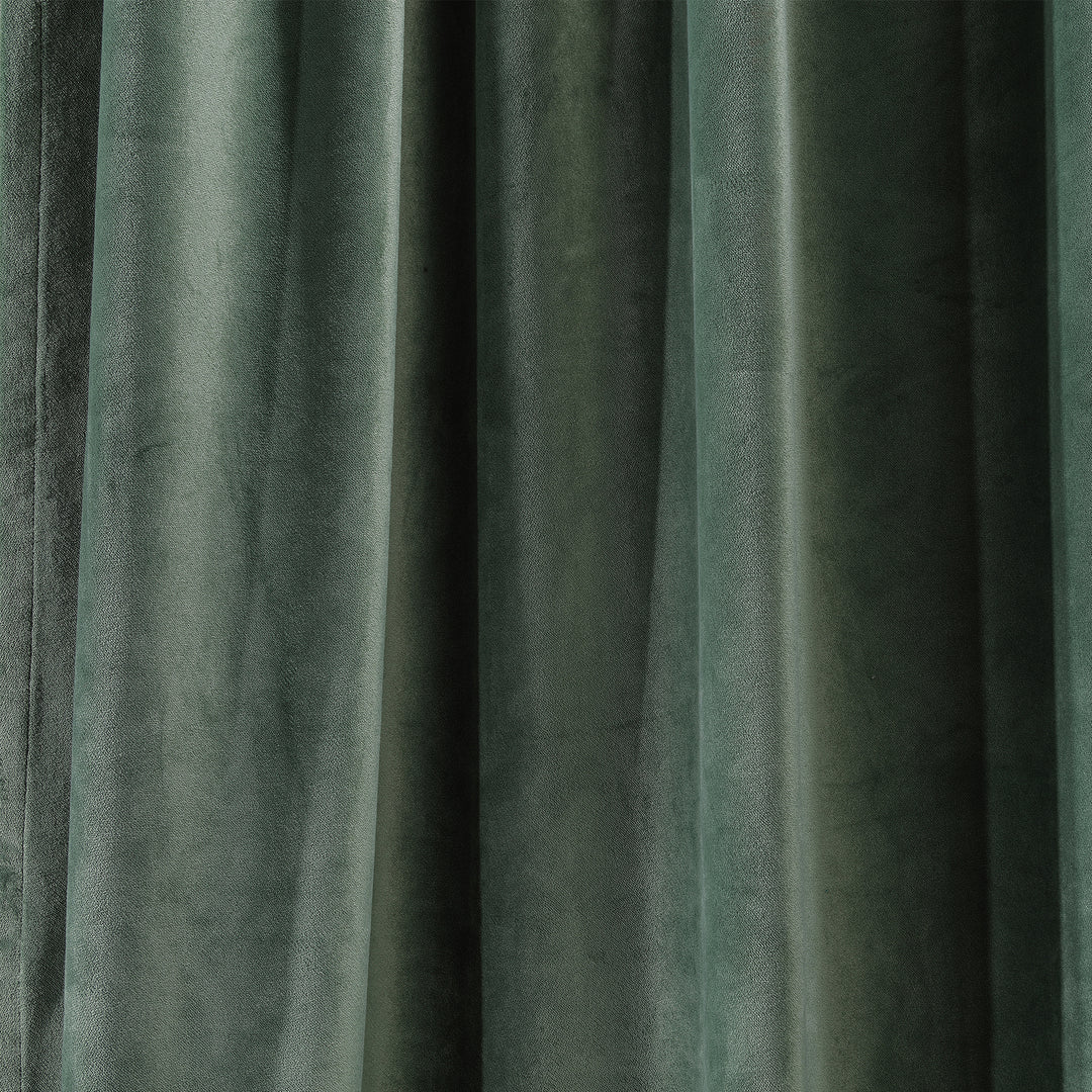 A soft matte velvet swatch in xanadu grey‑green, featuring muted balanced tone, smooth pile and matte finish, made to measure and available by the metre.